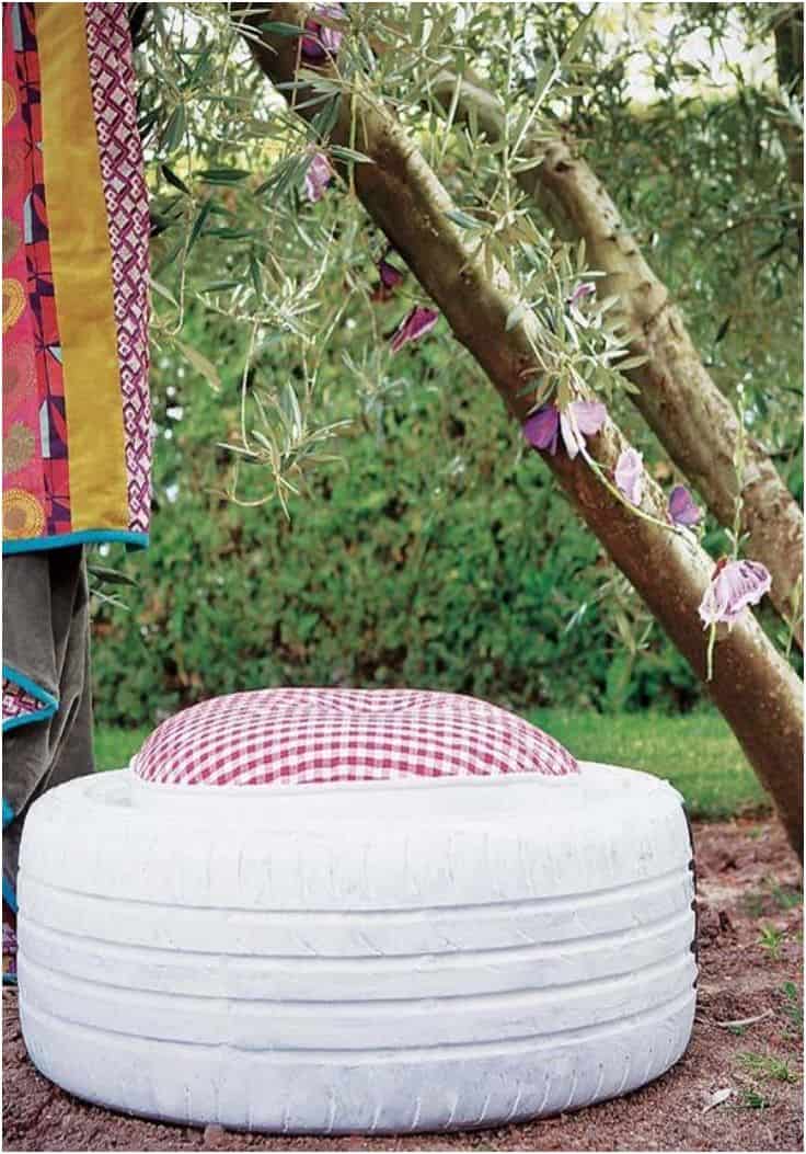 8. Use your old tires to create an ottoman for your backyard patio 8