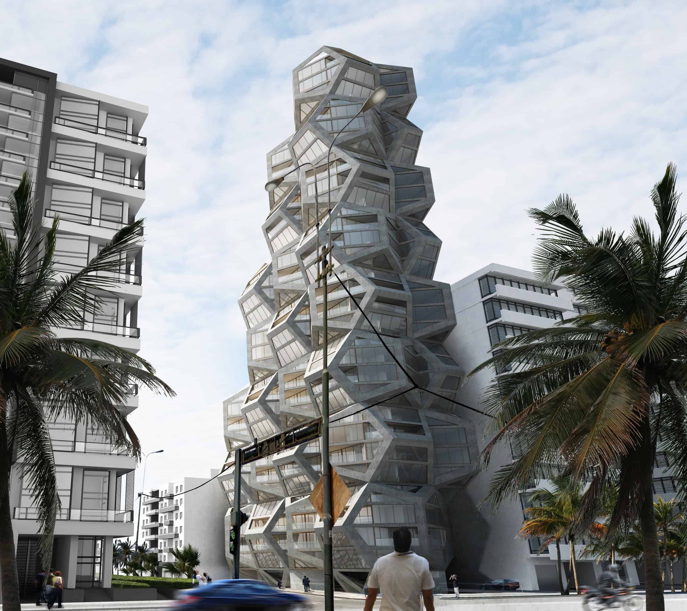 Futuristic architectural skyscraper with innovative glass cube design, combining modern urban style and creative architecture art, surrounded by palm trees and cityscape.