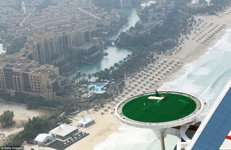Extremely high golf court on helipad of Burj Al Arab sailboat hotel in Dubai Photo by: Getty