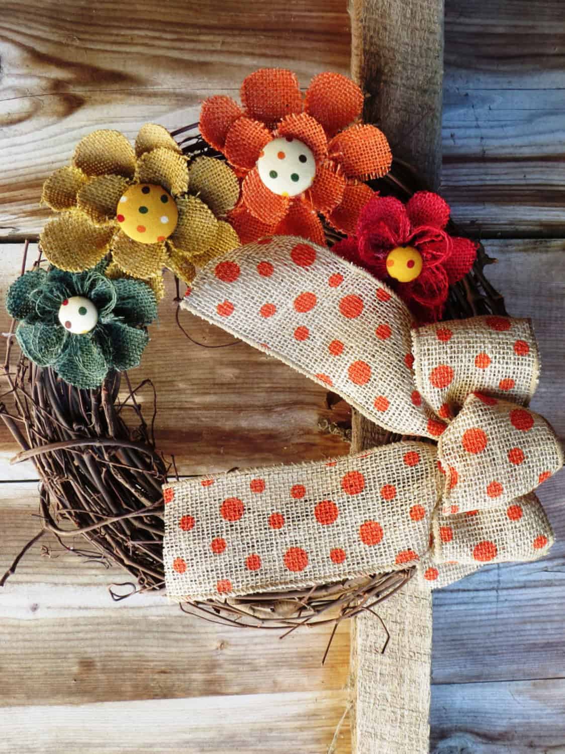 Autumn Wreath with Burlap Flowers with a Polka Dot Burlap Bow Buy it here: www.etsy.com/ca