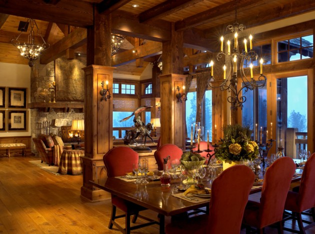 dining rustic lodge ski cabin cozy warm living open designs rooms restaurant kitchen denver erickson chalet mountain bedroom switzerland fixtures
