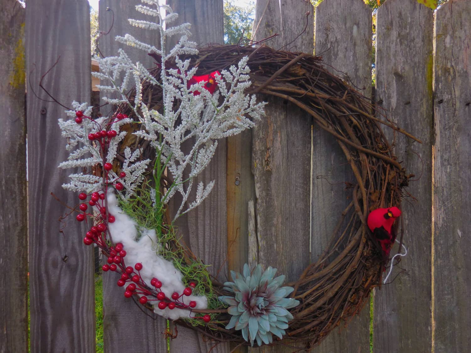 Cardinals on Winter wreath of grapevine with a touch of snow on an evergreen bough Buy it here: www.etsy.com