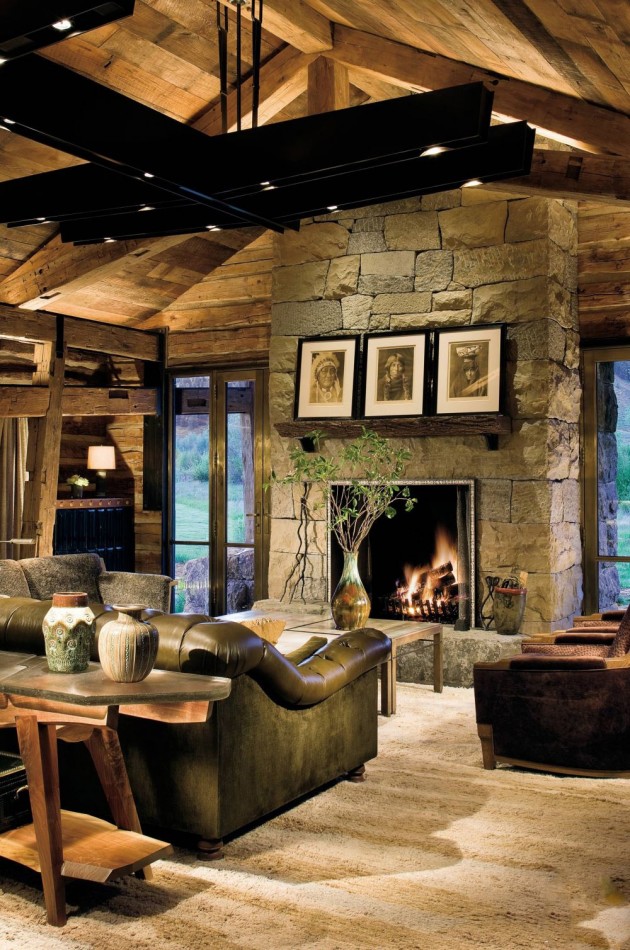living rustic fireplace cozy decor rooms designs homes modern decorating likable architectural digest cabin italian beams clad ceiling stone leather