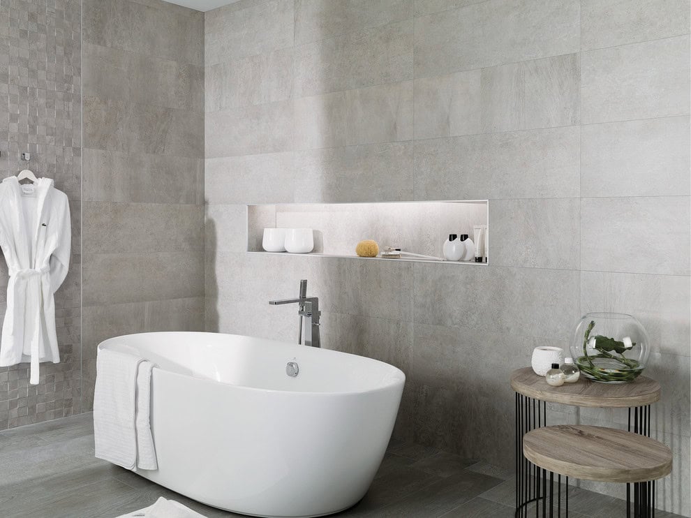 Contemporary Industrial Bath with Ceramic Tiles That Look Like Concrete Source