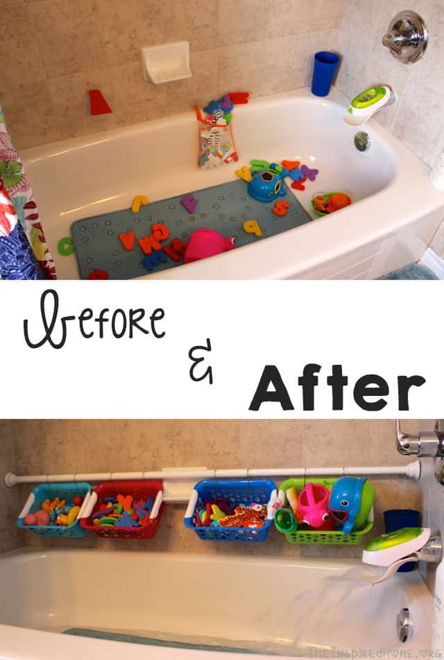 Organize bath toys using those handy dollar store bins and some shower hooks 4