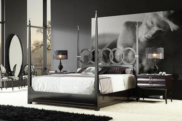 adorable-modern-men-bedroom-design-black-wooden-stained-bed-with-white-mattress-unique-round-table-lamps-wooden-varnished-night-stand-antique-oval-mirror-black-and-white-fur-rug-mens-bedroom-ideas-be