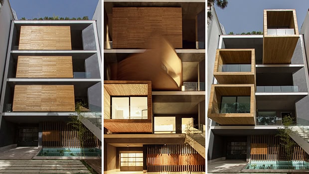 Contemporary modern apartment building with geometric design and large wooden accents, showcasing innovative architecture and sustainable living spaces.