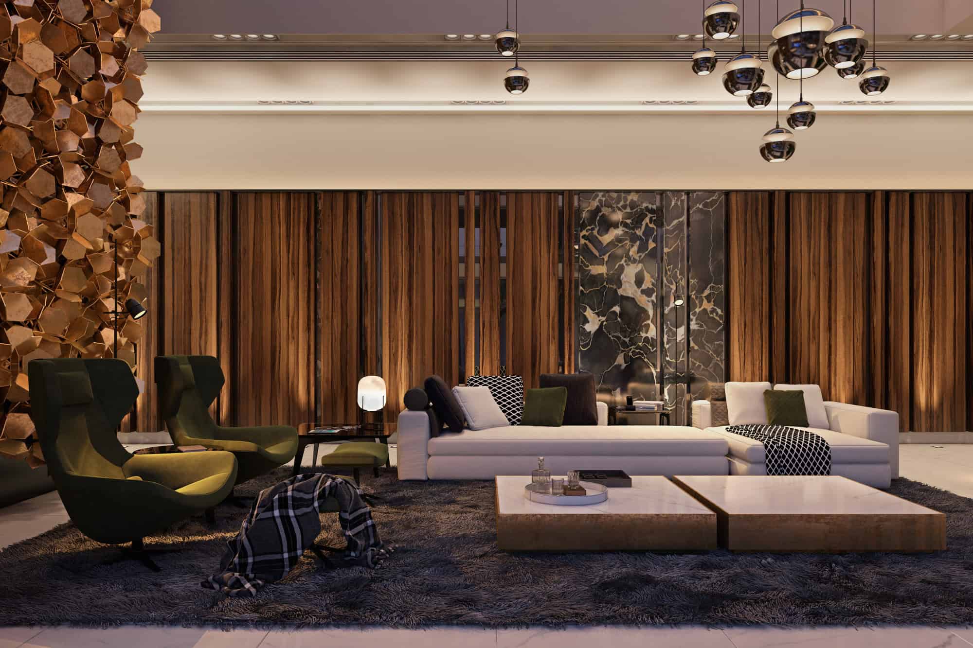 Luxurious modern living room with stylish wooden wall panels, contemporary furniture, and ambient lighting for elegant interior design.
