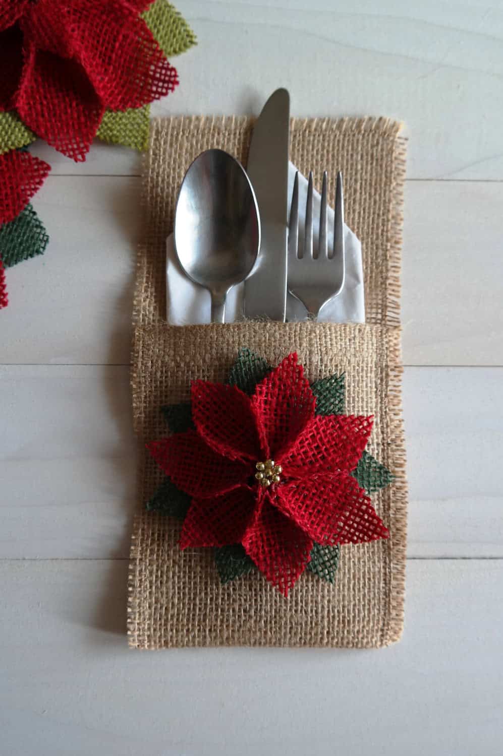 Burlap Silverware Holder with Poinsettia Flower Buy it on: www.etsy.com