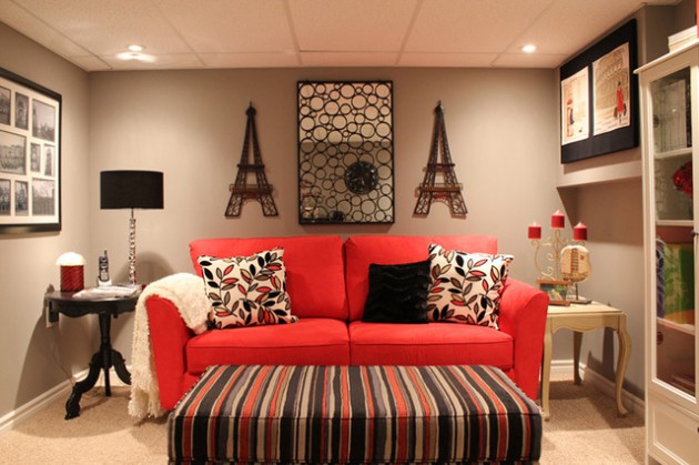 living room with red couches