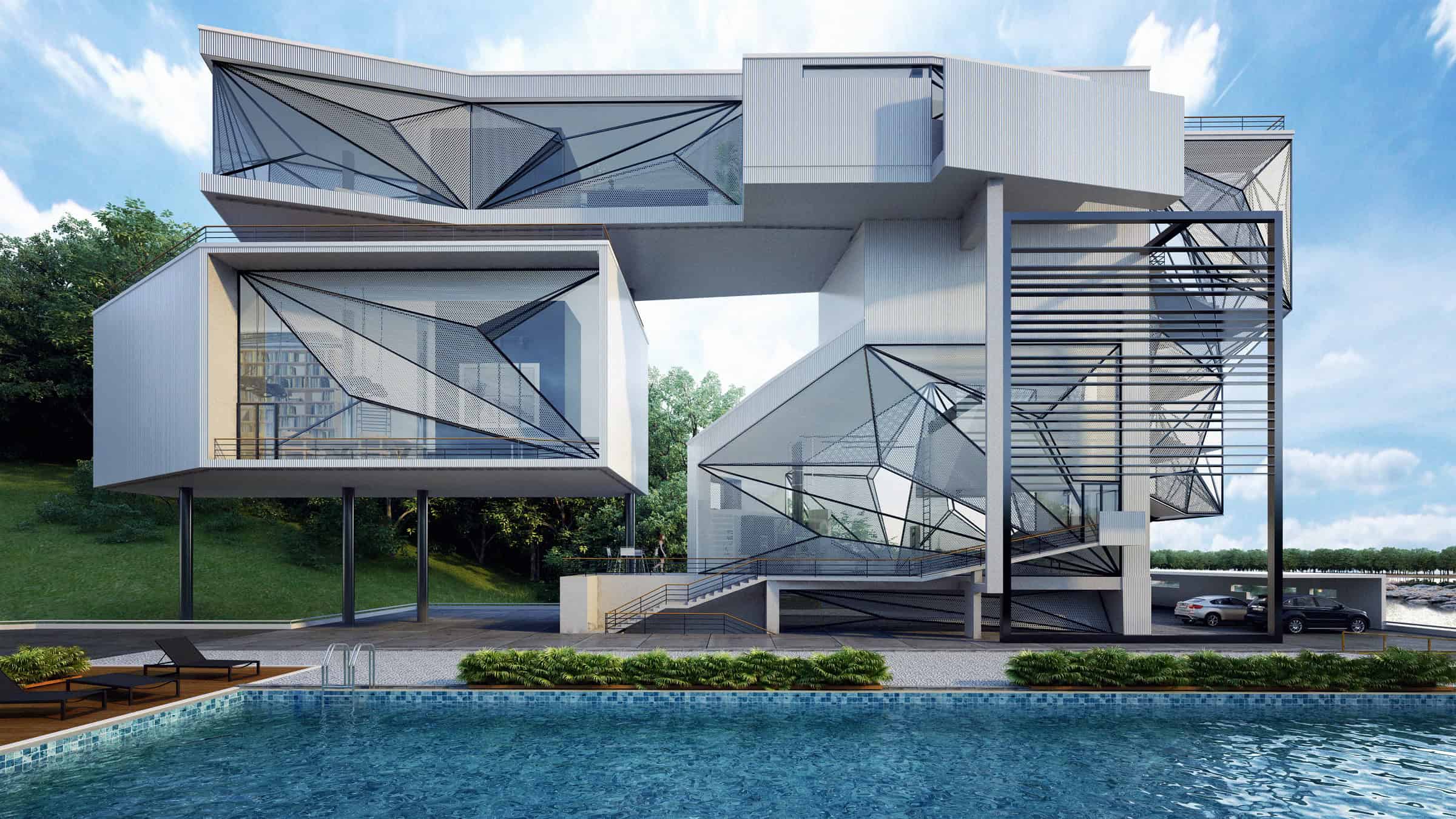 Futuristic modern architectural design featuring a multi-level building with geometric glass elements, outdoor terraces, and integrated landscaping next to a swimming pool.