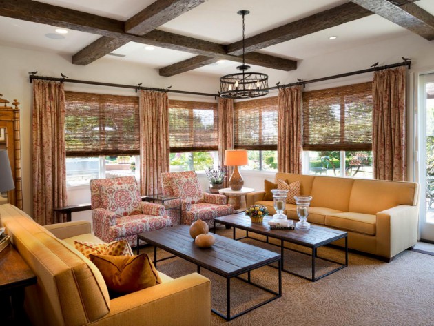 white living room exposed beams