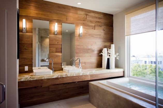 16 Marvelous Bathroom Designs With Wooden Wall That Abound With Elegance &amp; Warmth