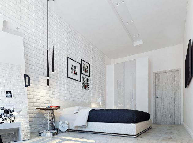 Enter Rustic In Your Bedroom: Wall Of White Bricks For Warm Ambience
