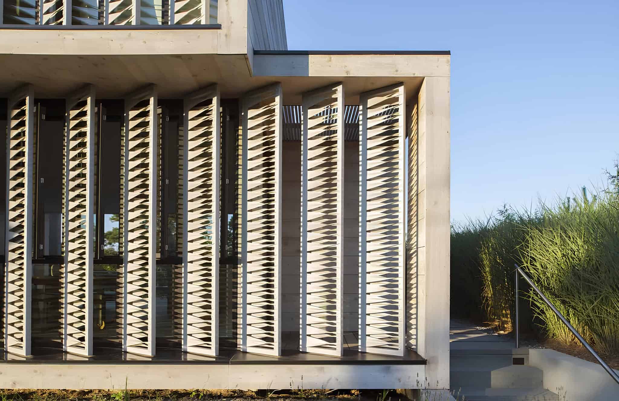 Angled Screens Detail Modern Exterior Close-up of angled architectural canvas screens.