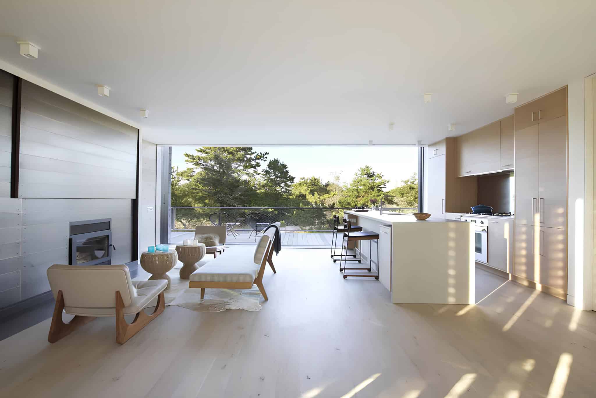 Interior Open Kitchen Balcony Forest View Interior with open kitchen and forest-view balcony.