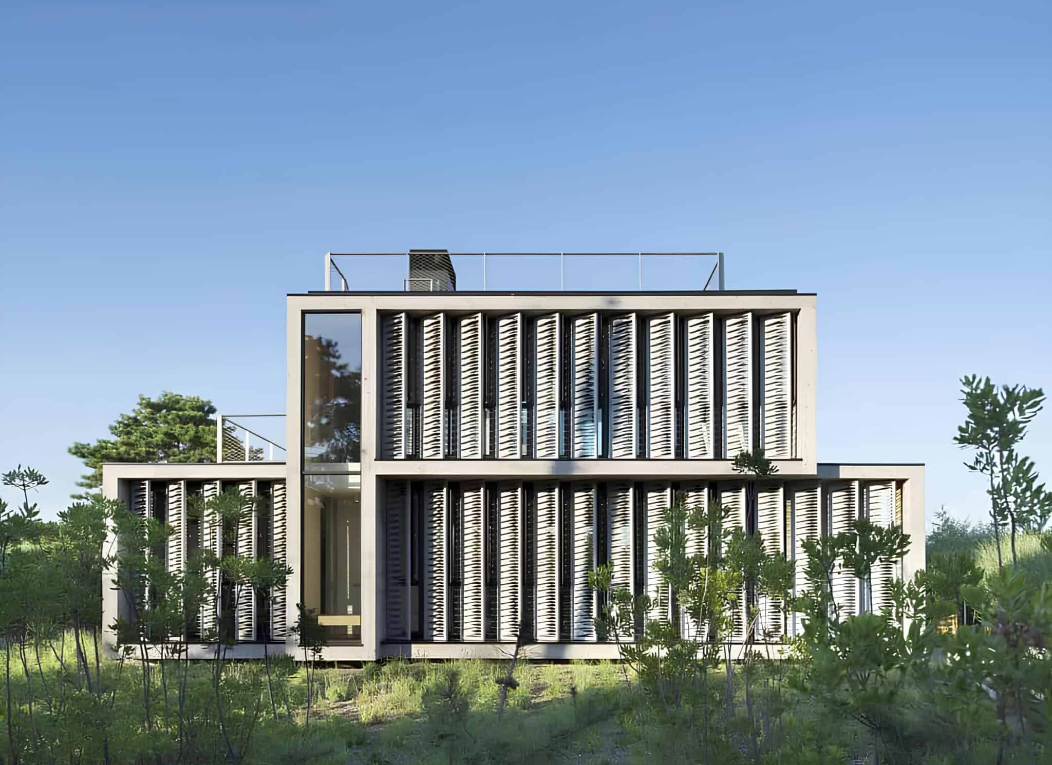 Modern architectural house with unique facade design featuring vertical louvered panels, set in a lush green landscape under clear blue sky.