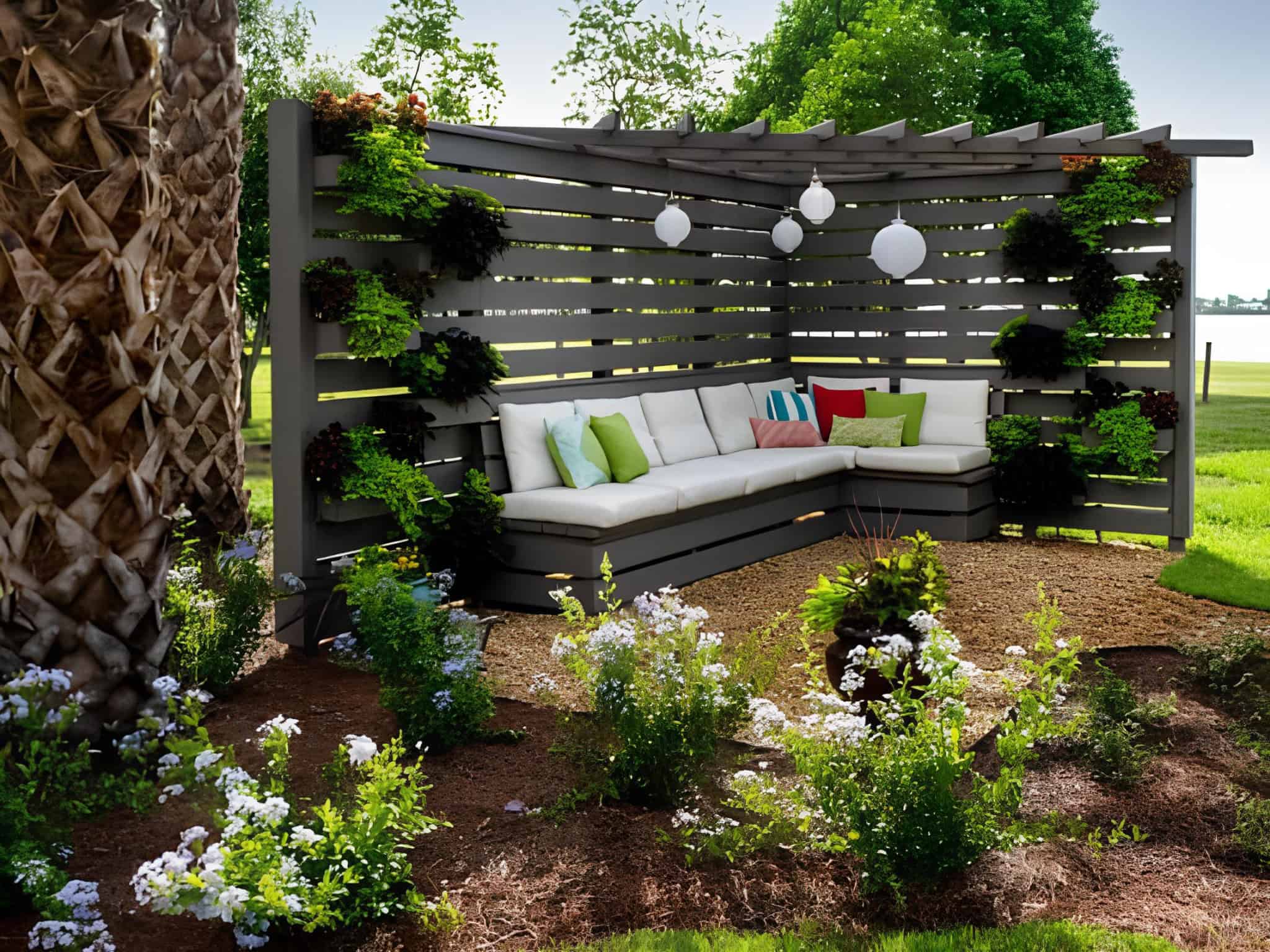 Curved wooden slat privacy screen with built-in planters and cozy seating