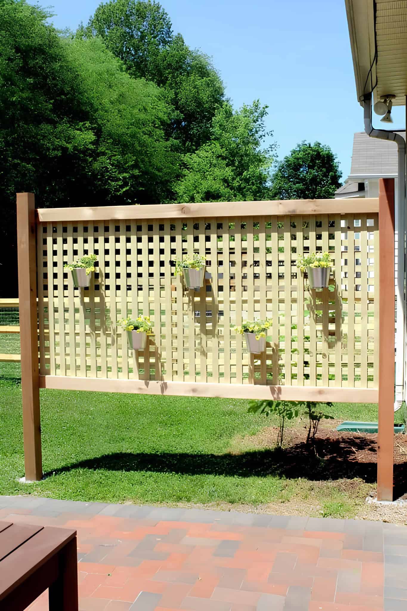 Light wood lattice screen with small flower pots hanging on a backyard lawn