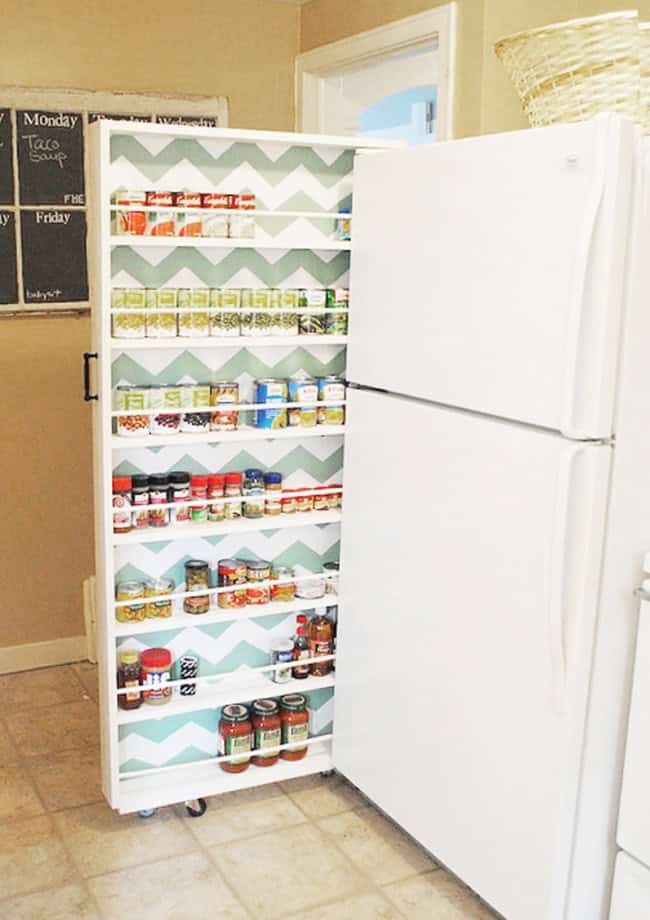 Make a pullout shelf behind the fridge Source