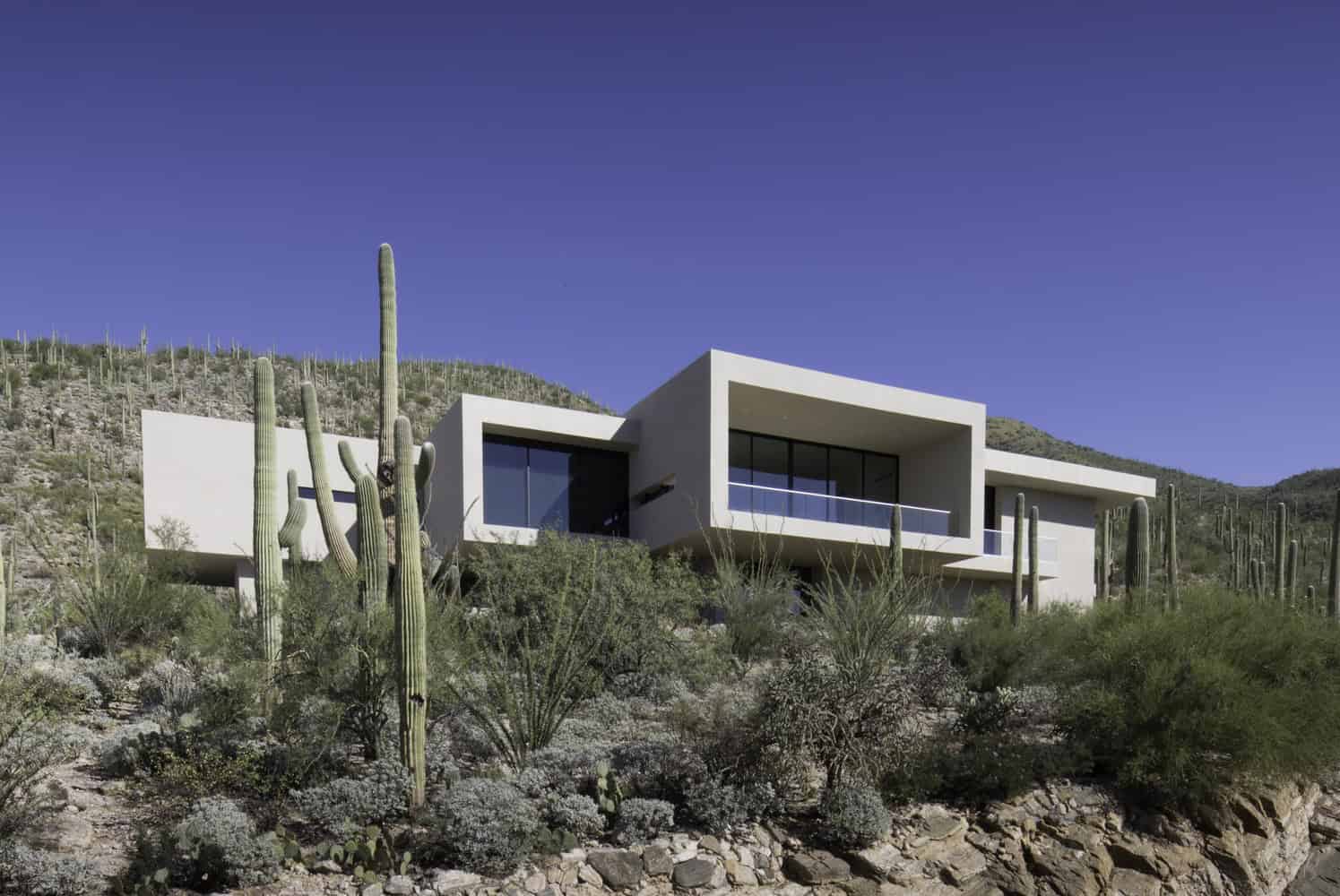 Modern desert house with minimalist architecture, large glass windows, and white concrete exterior surrounded by cacti and desert vegetation in a mountainous landscape.