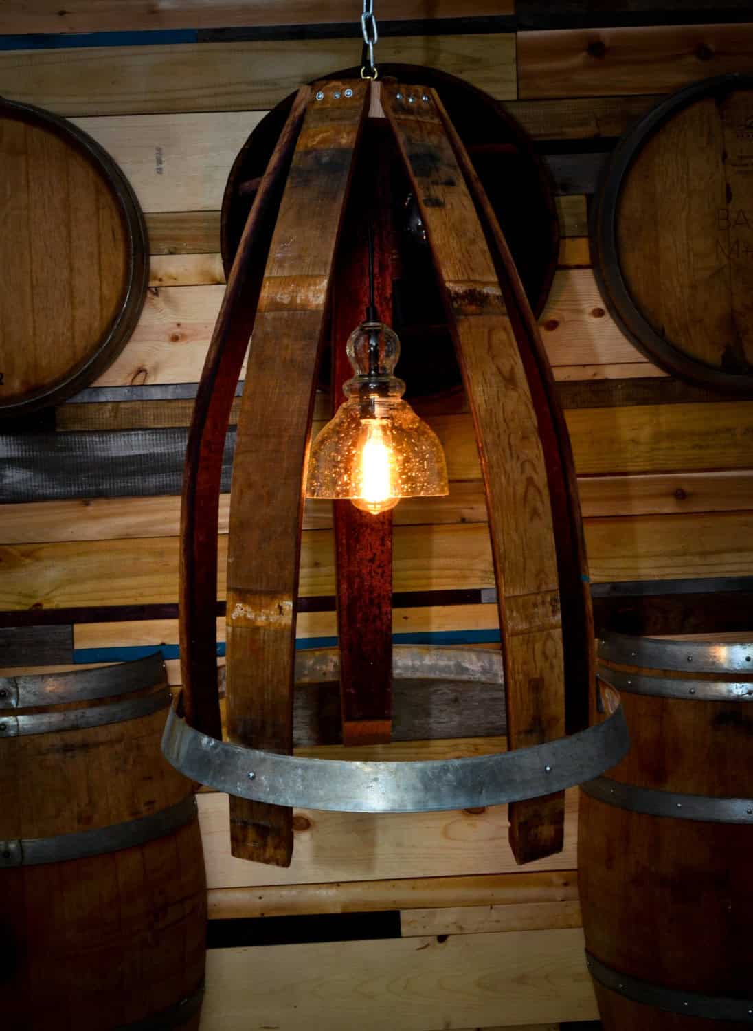 Rustic Wine Barrel Light with Handblown Glass and Edison Bulb Rustic Wine Barrel Light with Handblown Glass and Edison Bulb