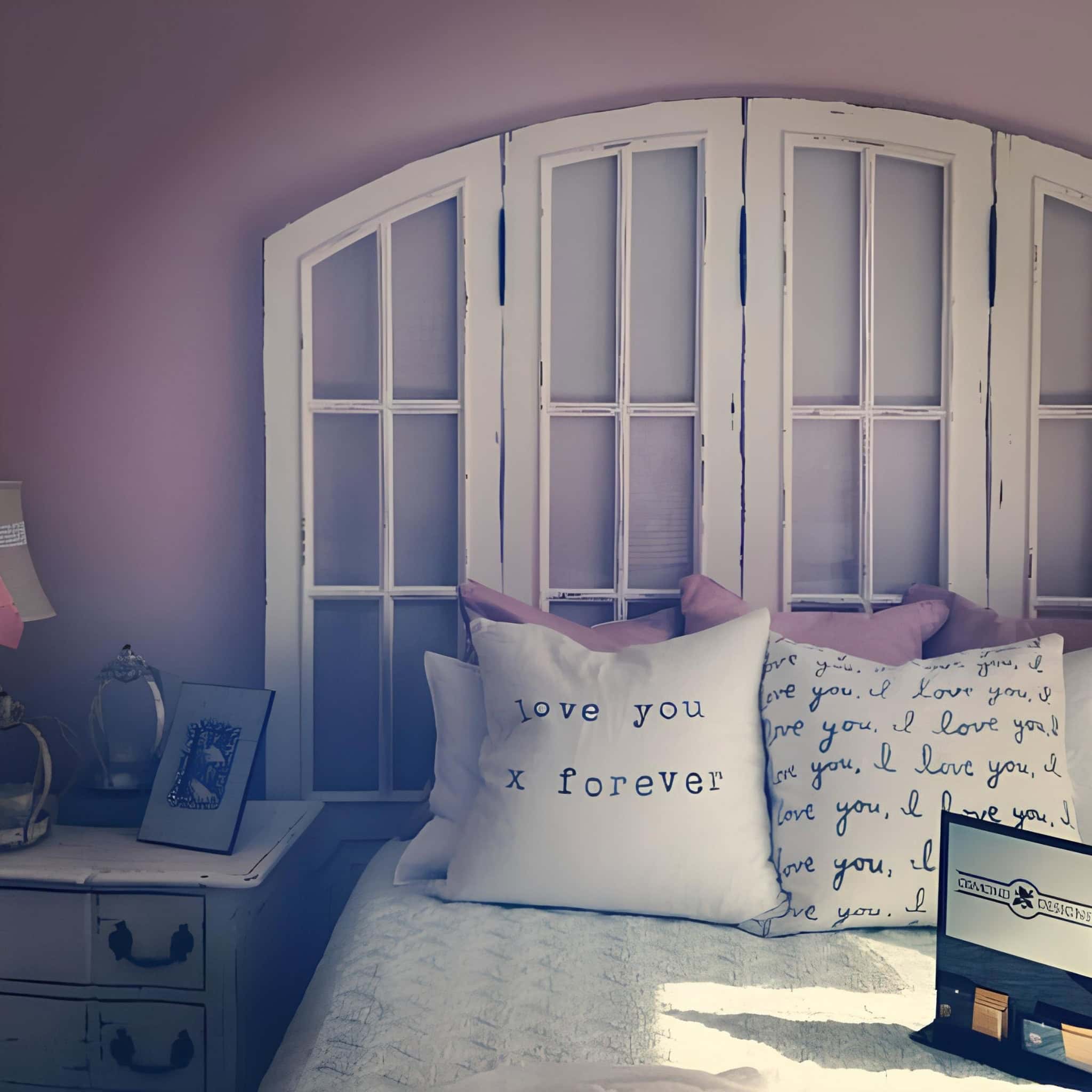 Romantic bedroom setup with a repurposed window frame as a headboard and pillows with handwritten love messages.