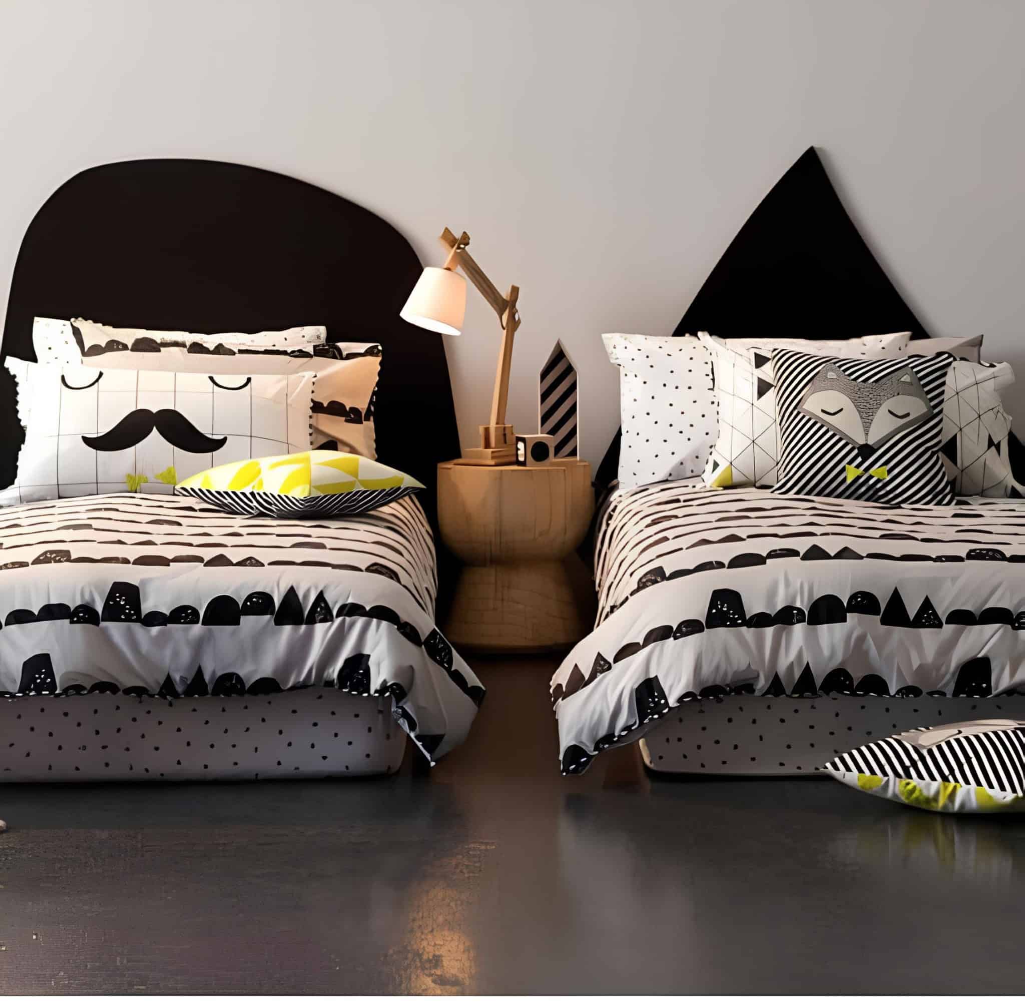Stylish kids bedroom with bold monochrome bedding and playful geometric headboards.