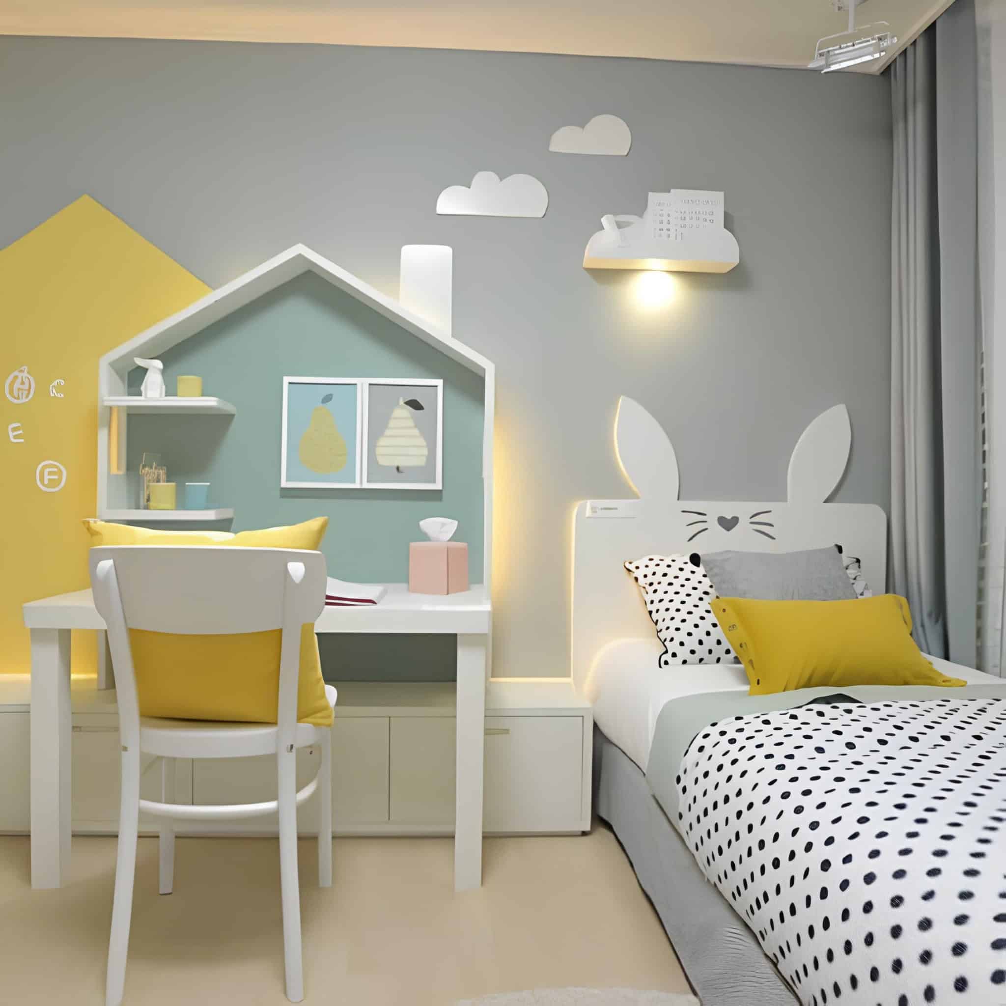 Adorable children's room with a bunny-shaped headboard, yellow accents, and a cozy built-in study desk.