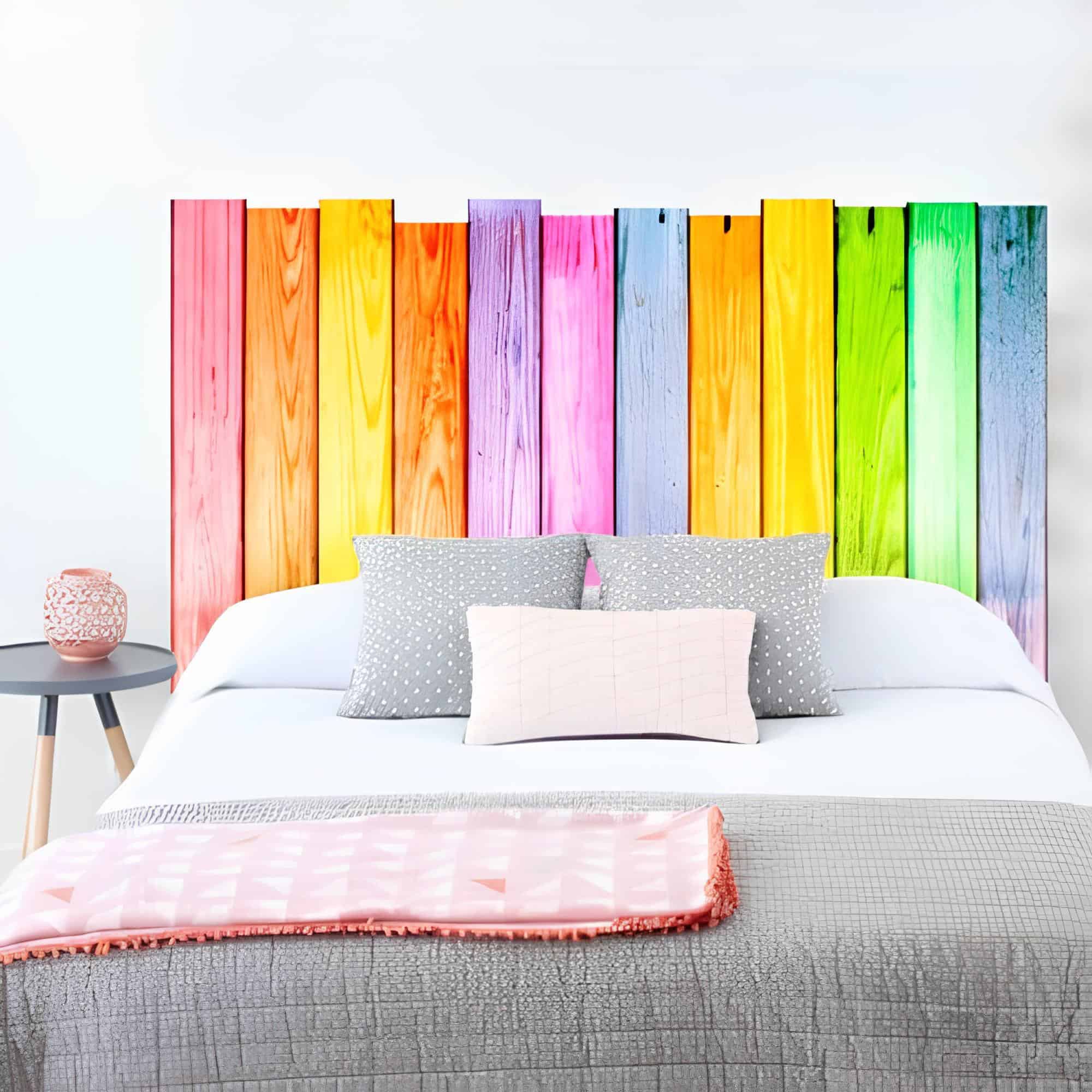 Vibrant teen bedroom with a DIY wooden headboard painted in rainbow colors against a crisp white wall.