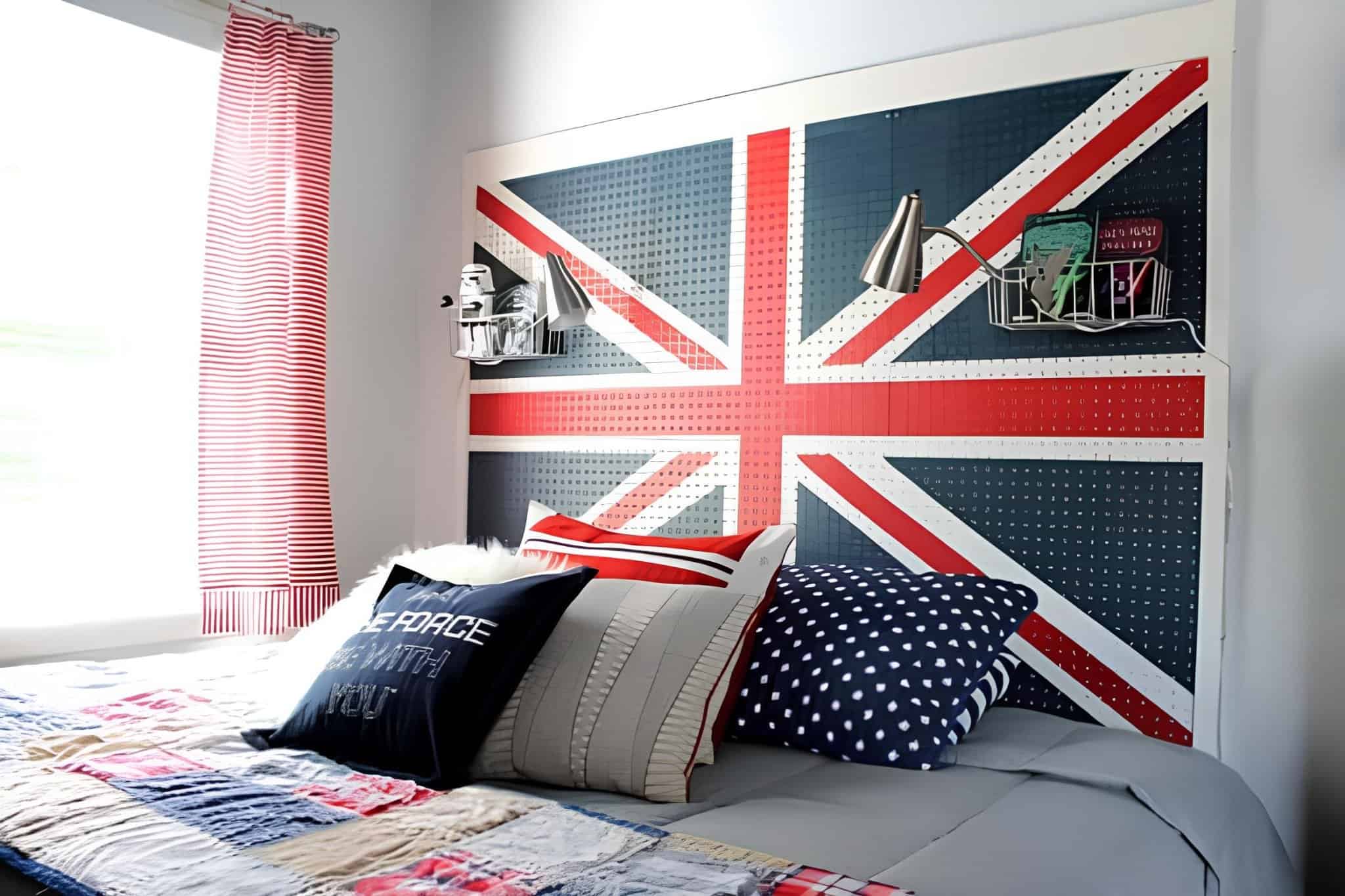Large Union Jack painted headboard in a British-themed boys' room