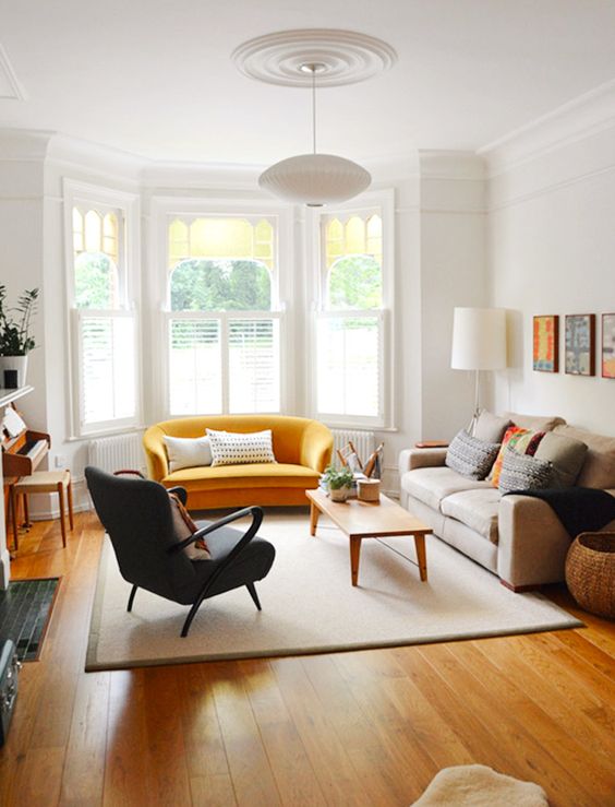 living room style retro designs timeless dream yellow mustard interior bay mydomaine blue sala window source furniture choose board choisir