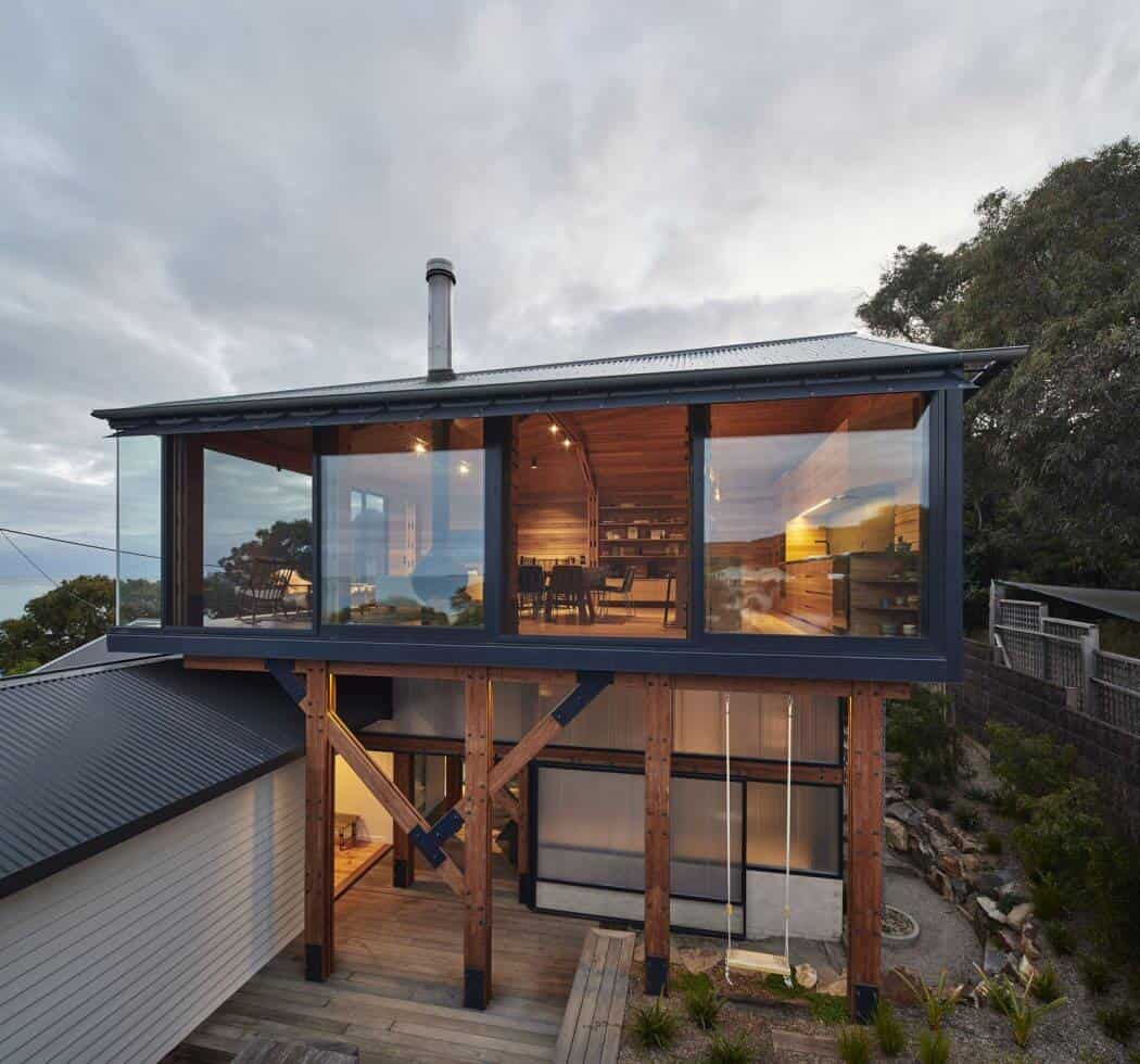 Evening view of Dorman House by Austin Maynard Architects in Lorne