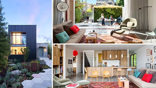 Contemporary modern house exterior with sleek black facade and landscaped garden at sunset, emphasizing innovative architecture design.