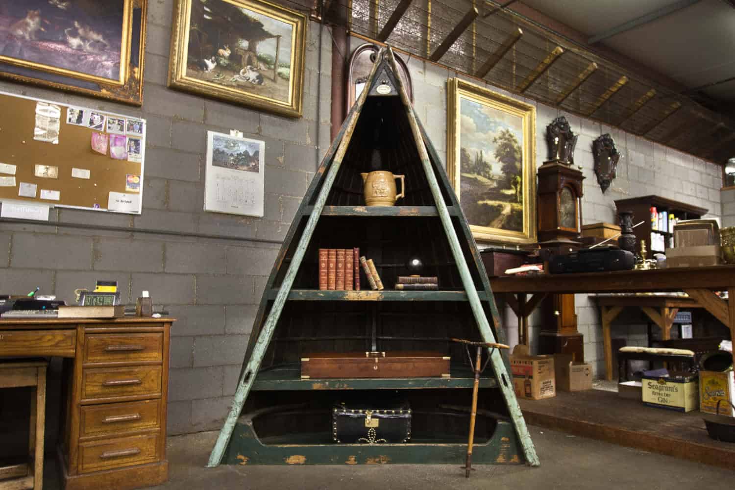 16. Beautiful English Boat Shelf Made From Old Boat Hull with Oars 16. Beautiful English Boat Shelf Made From Old Boat Hull with Oars