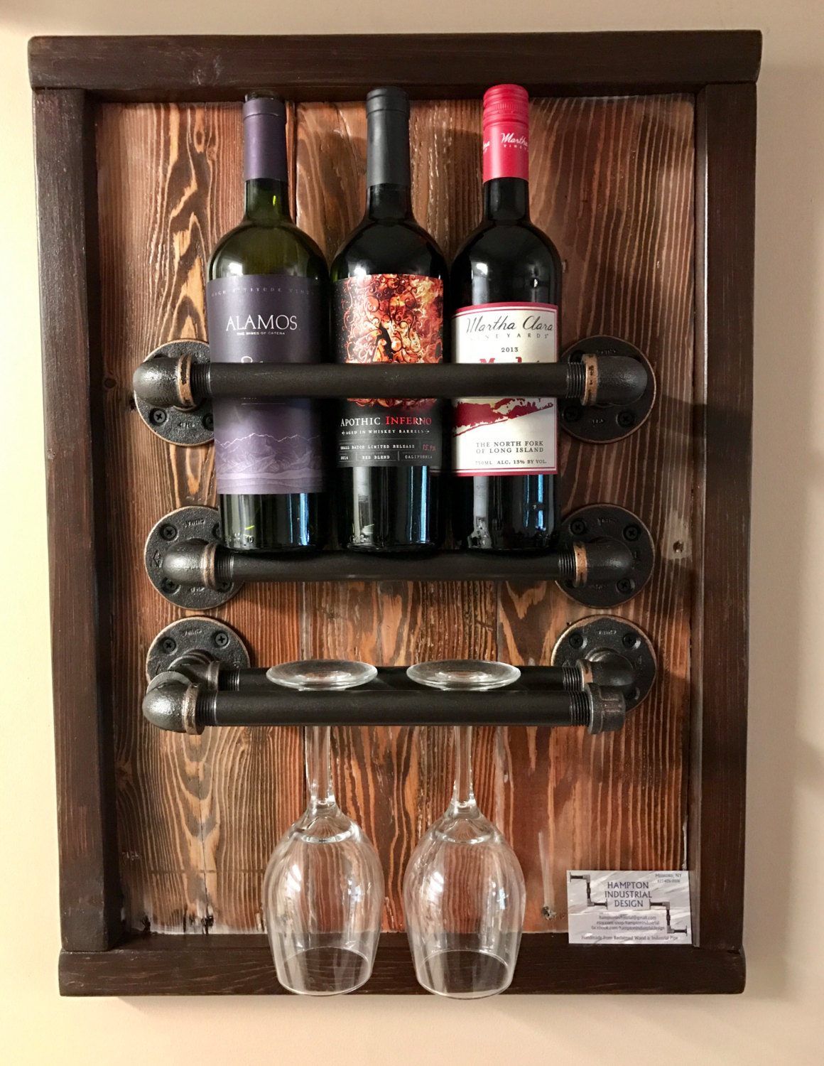Rustic Wine Rack Handmade Wall Mounted Wooden Wine Storage Kitchen Shelf Brown 