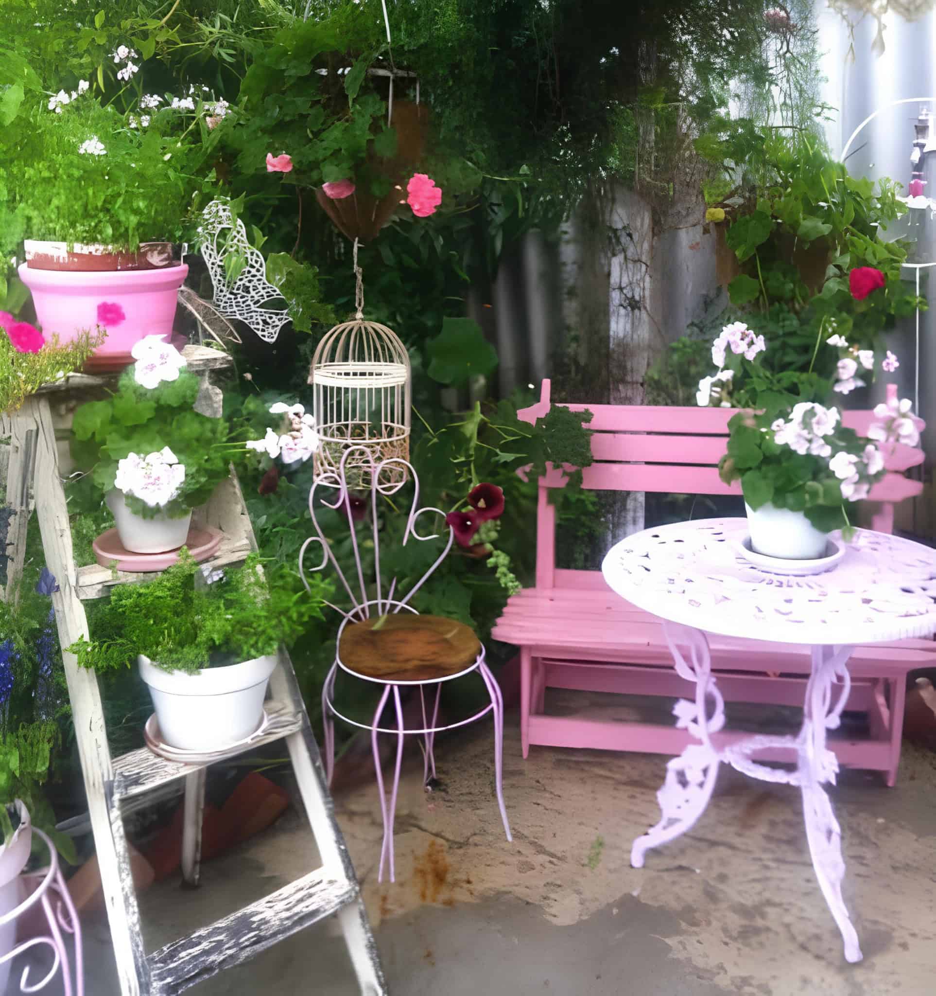 Colorful garden nook with pink bench, plants and ladder shelf