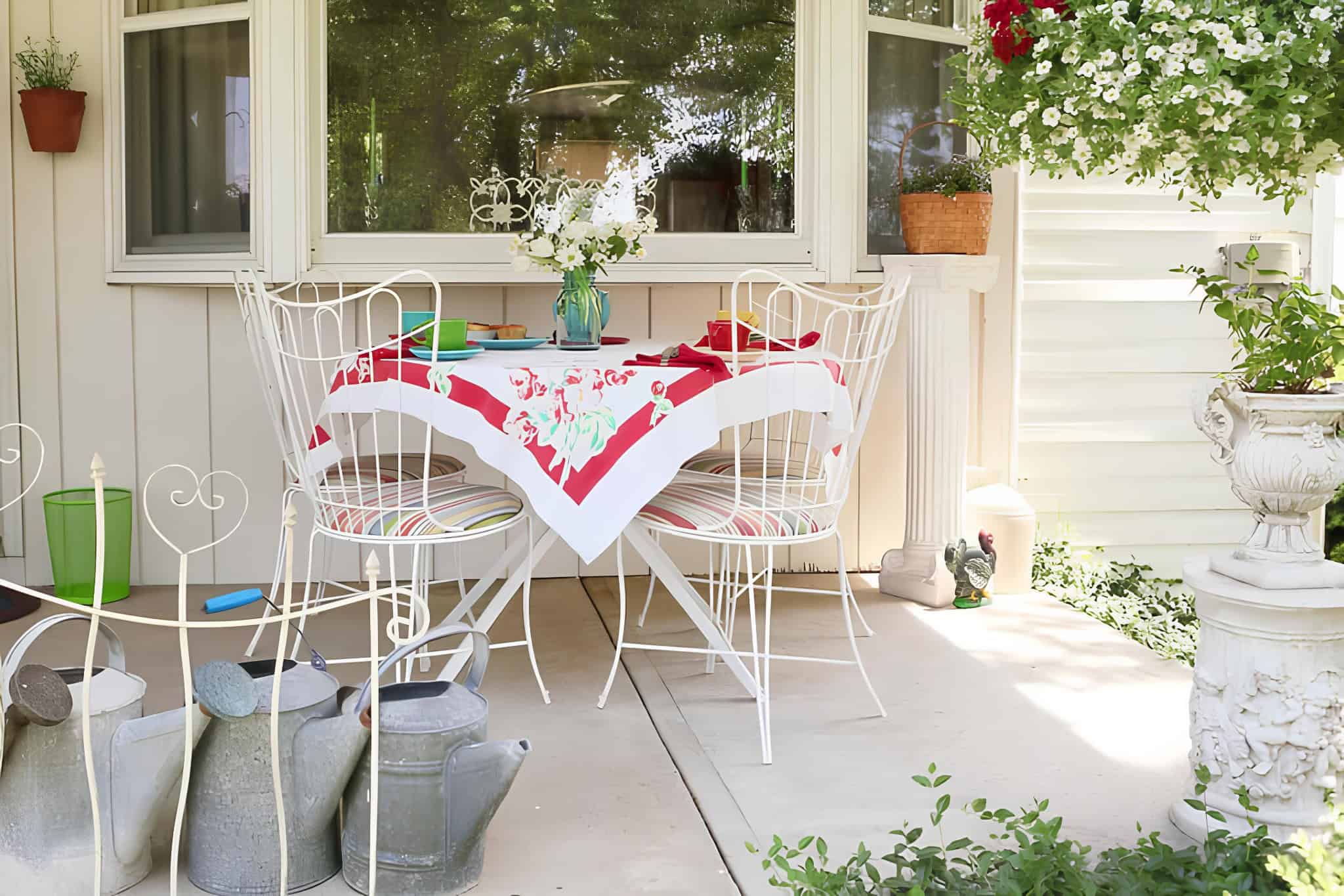 Shabby chic patio with red floral tablecloth and striped cushions
