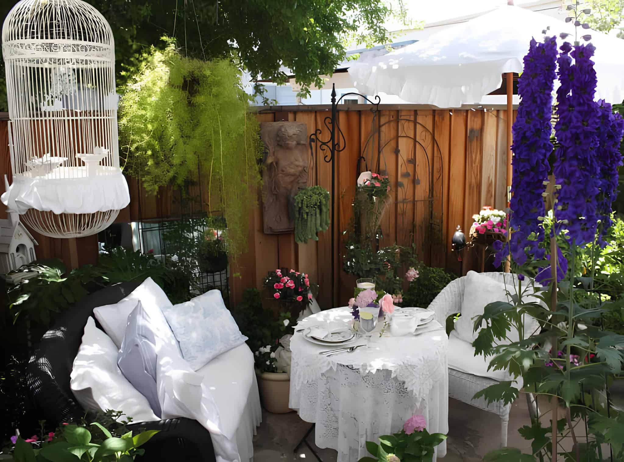 Romantic garden corner with birdcage, lace tablecloth, and florals