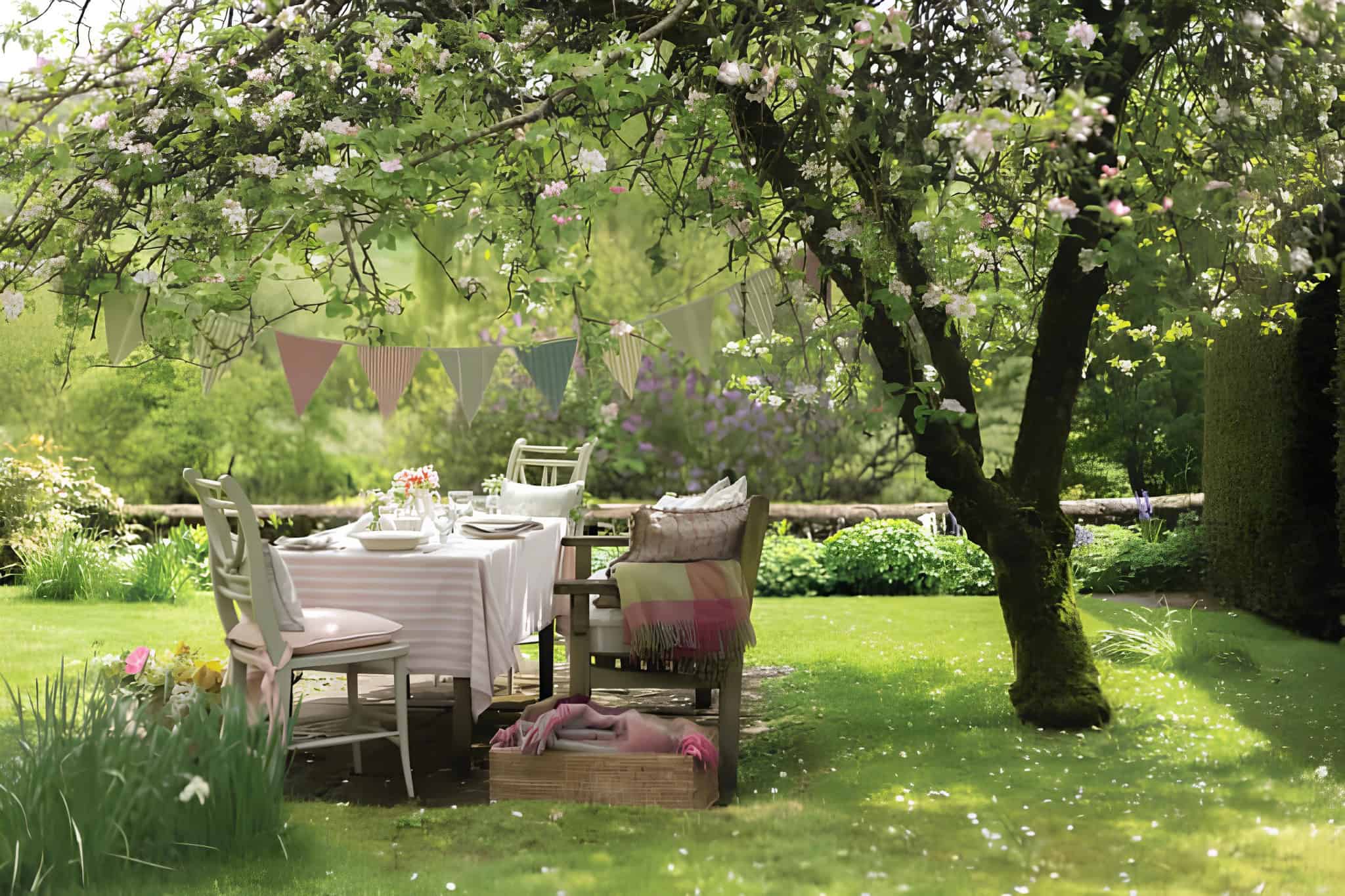 Pastel outdoor dining setup under flowering tree with bunting