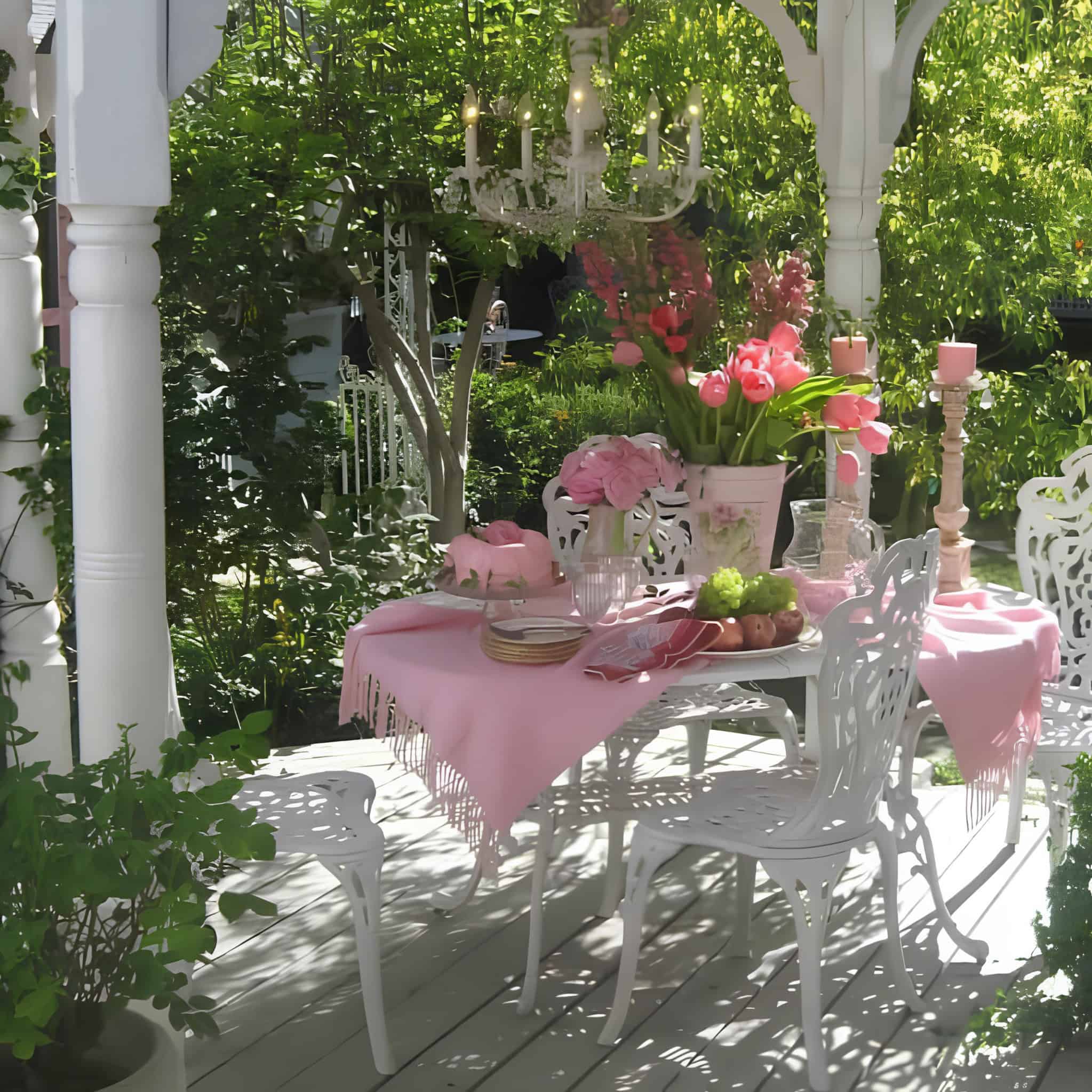 Elegant pink garden dining area with chandelier and flowers