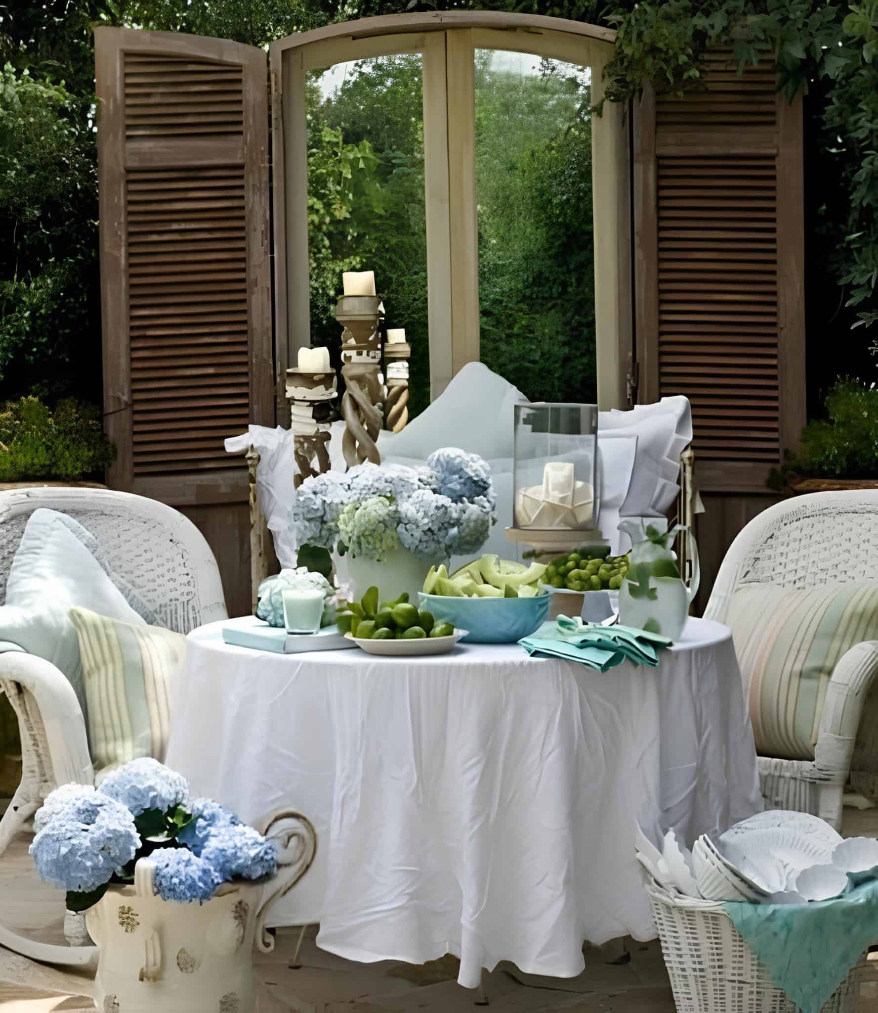 Shabby chic table with blue hydrangeas and white wicker chairs