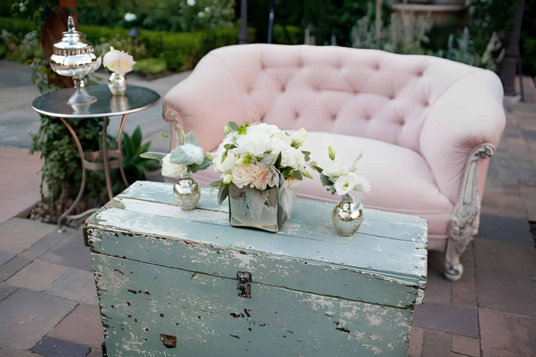 Outdoor pink sofa and distressed blue chest used as a coffee table