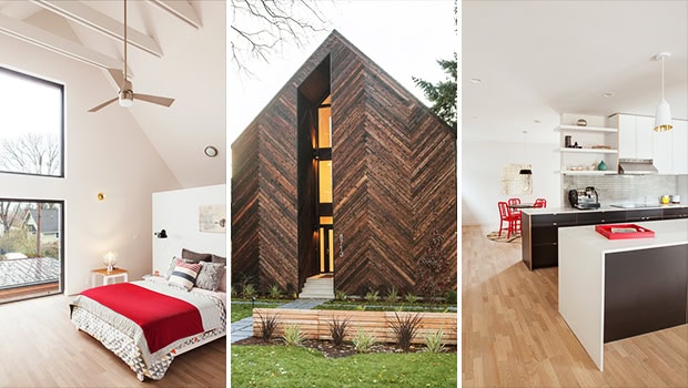 Contemporary modern house with geometric wooden exterior, minimalist interior with large windows, and stylish kitchen design, showcasing innovative architecture and interior decor.