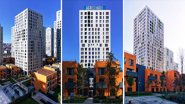 Modern high-rise residential buildings with innovative architectural designs and urban landscape in a city skyline, emphasizing contemporary skyscraper construction and stylish apartment complexes.