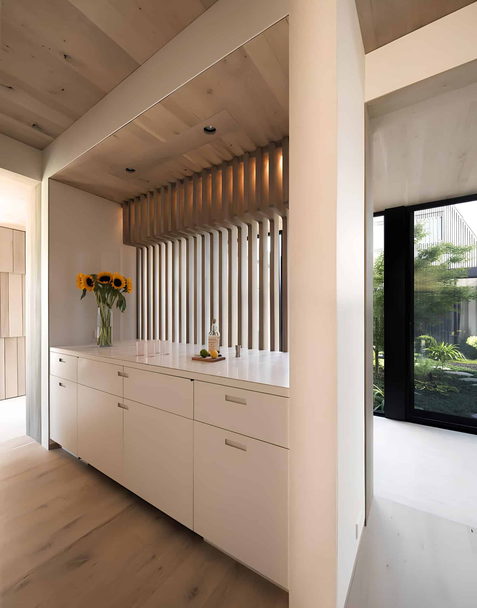 Built-in Bar Cabinet Sunflower Decor Built-in bar cabinet with modern panel design and sunflower decor.