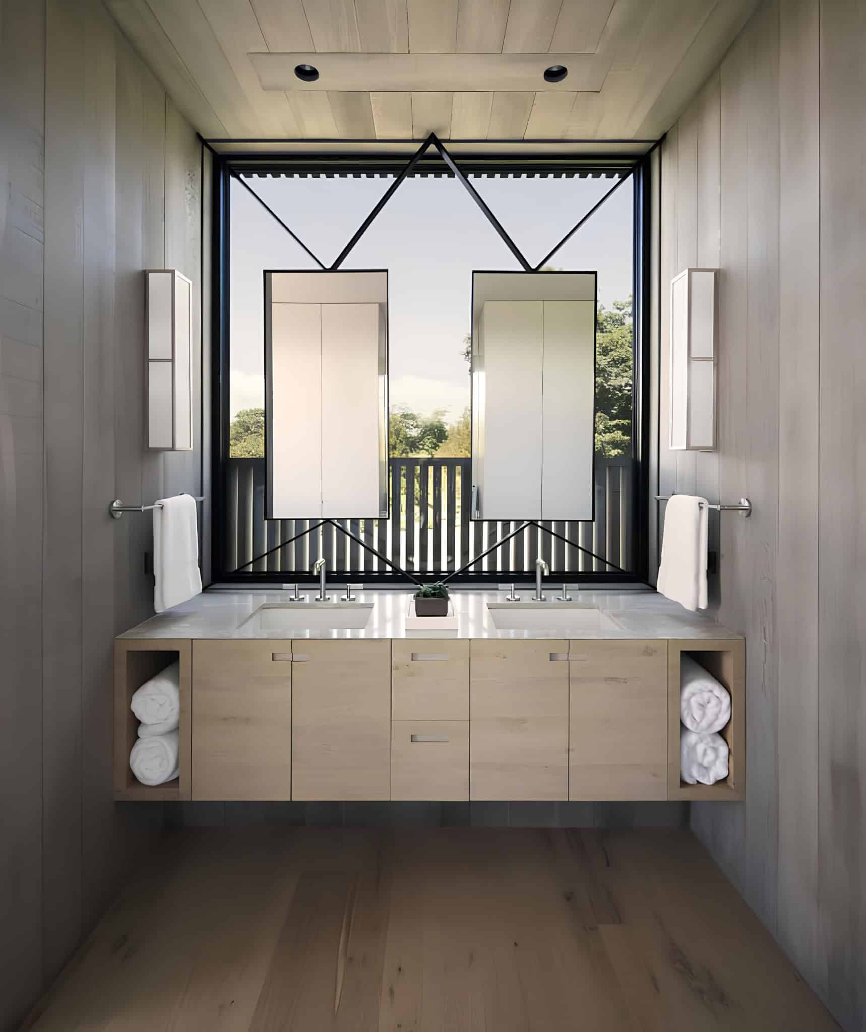 Modern Double Vanity Bathroom Design Minimalist bathroom with double vanity and geometric mirrors.