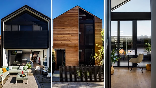 Modern minimalist house with striking black exterior and sharp angular roof, contemporary architecture design, stylish residential home, innovative construction ideas, sleek urban dwelling.