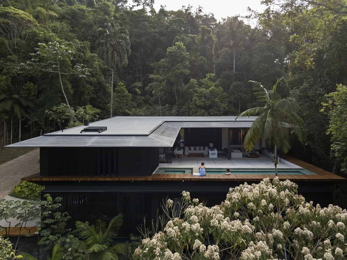 Modern luxury house with pool surrounded by lush tropical rainforest and white flowering bushes, showcasing contemporary architecture and seamless indoor-outdoor living.