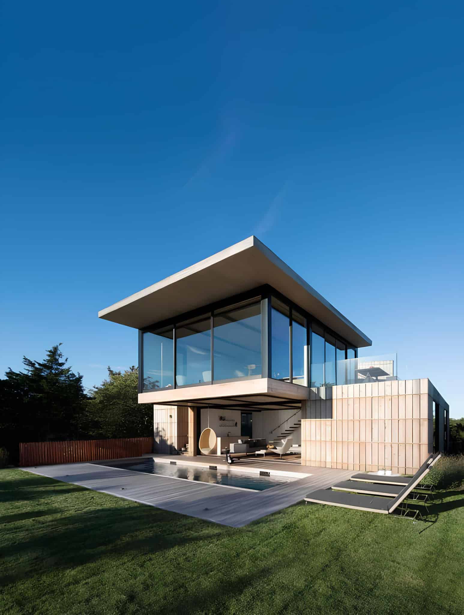 Atlantic House Modernist Exterior with Pool Modernist architectural facade of Atlantic House with pool and open terrace.
